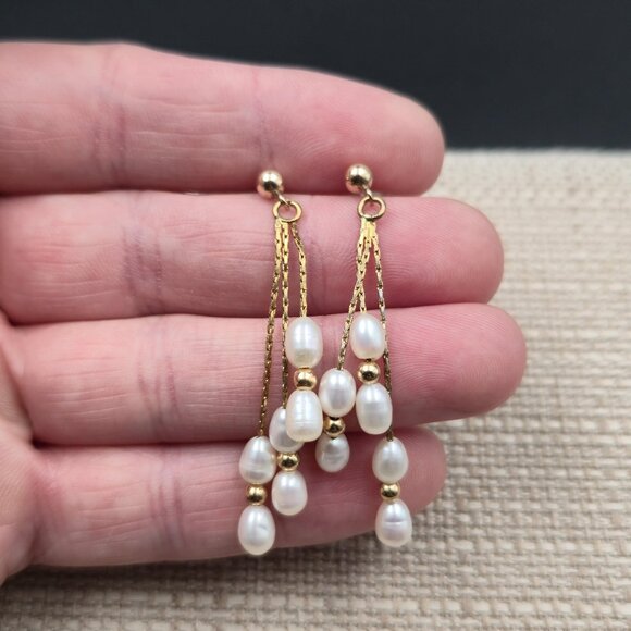 Jewelry - Gold Plated Genuine White Pearl Chain Earrings A6262